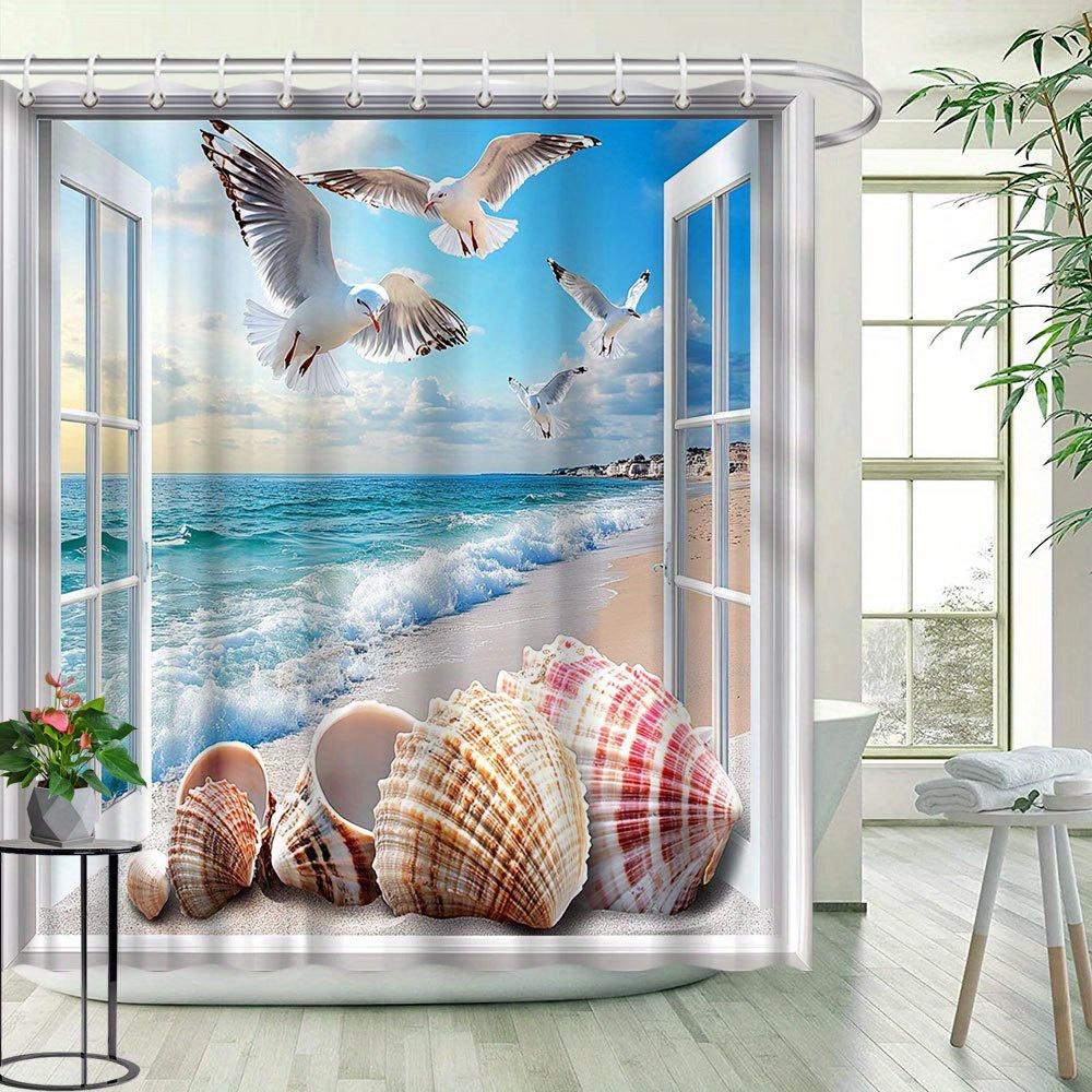 1pc Ocean Scenery Shower Curtain, Vivid Seagull And Shell Pattern, Bathroom Decor Polyester Fabric, with 12 Hooks