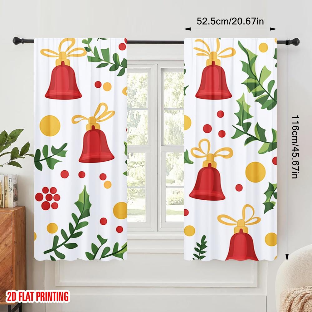 2pcs,2D Plane Printing Popular Curtain Panels Christmas Bells Holly Berries_a (2) Polyester (without Rod) Versatile All Perfect