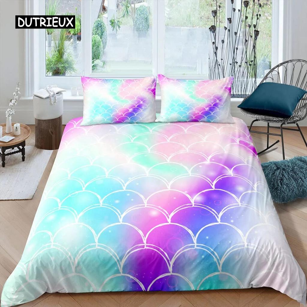 Fish Scales Duvet Cover Set Bedding Set Colorful Mermaid Scale Quilt Cover Pillowcase Queen Size Girls 2/3pcs Comforter Cover Three-piece Set