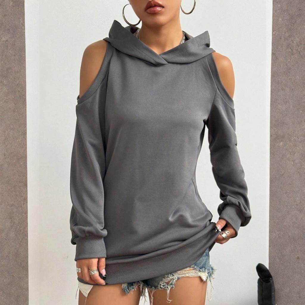 Women's Fashion Casual Solid-color Long-sleeved Off-the-shoulder Hooded Sweatshirt