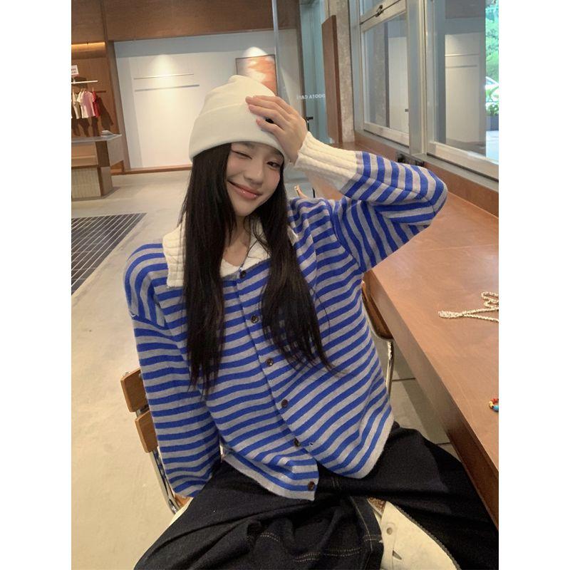 Kumikumi Retro Contrast Color Stripes Polo Collar Sweater Outwear Female Autumn Leisure Soft Glutinous Loose Knitted Cardigan