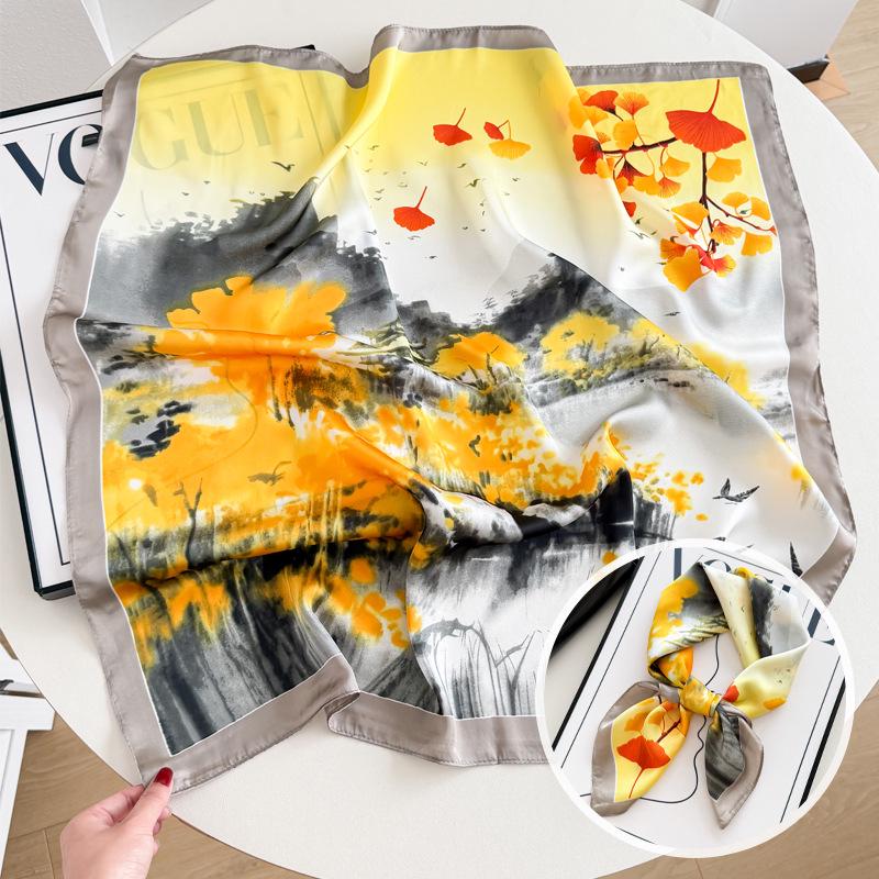 Damski jedwabny szalik w koreańskim stylu: Wszechstronny kwadratowy szalik z kamelią na wiosnę i jesień - do noszenia na szyi, na torebce lub we włosach