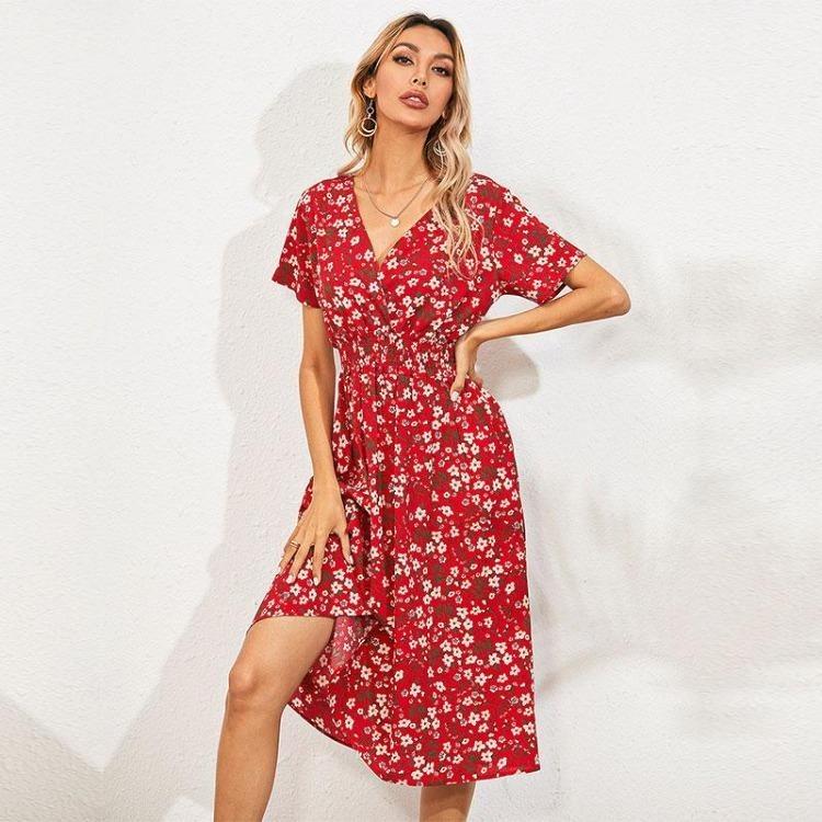Summer Floral Print V Neck Women Casual Dress Long A Line Slim High Waist Short Sleeve Dress Fall Sizes S To XL