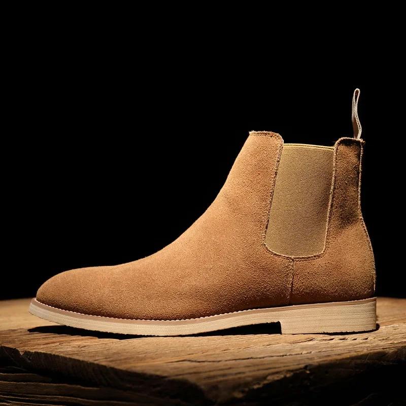 British Style Men's Genuine Suede Leather Chelsea Boots High-top Dress Shoes Fashion Warm Winter Men Riding Boots Shoes for Men