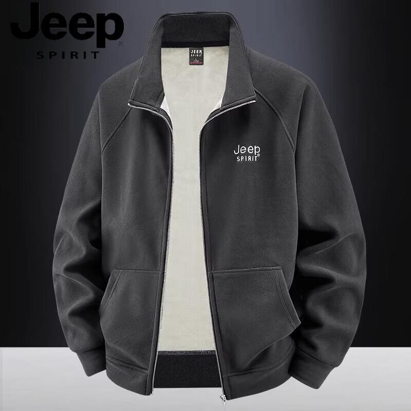 JEEP SPIRIT Men's Stand-up Collar Fleece Zipper Cardigan Jacket