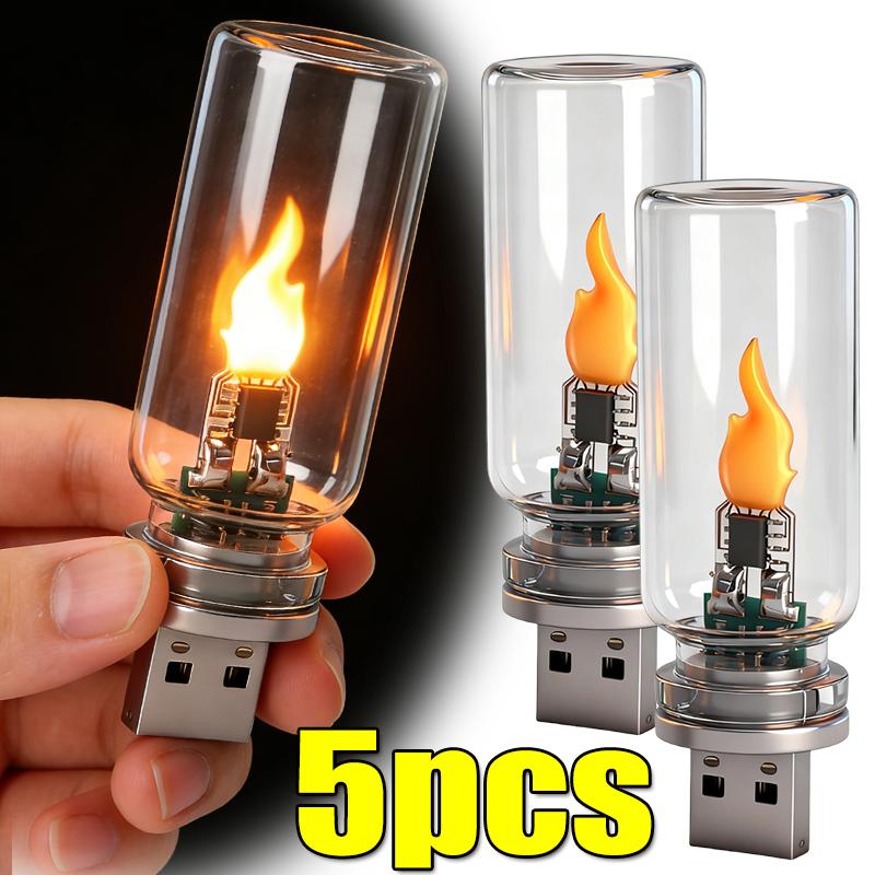 1-5pcs Car Ambient Night Light Holiday Home Decor Auto Interior Light 5V USB LED Flickering Candle Bulb Lamps Accessories