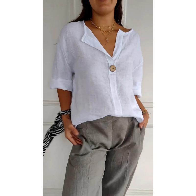 Summer Loose T-shirt Women's Fashion V-neck Cotton Linen Button Top Shirt