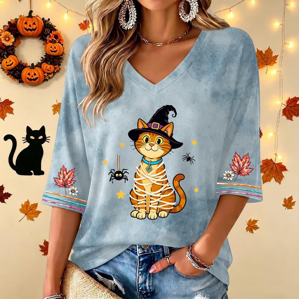 Women's V-Neck Three-Quarter Sleeve Casual Top with Halloween Print