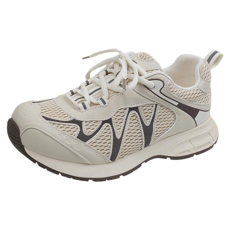 Leather mesh Forrest Gump shoes women's 2025 summer new round head thick sole thin breathable lightweight casual sports shoes tide