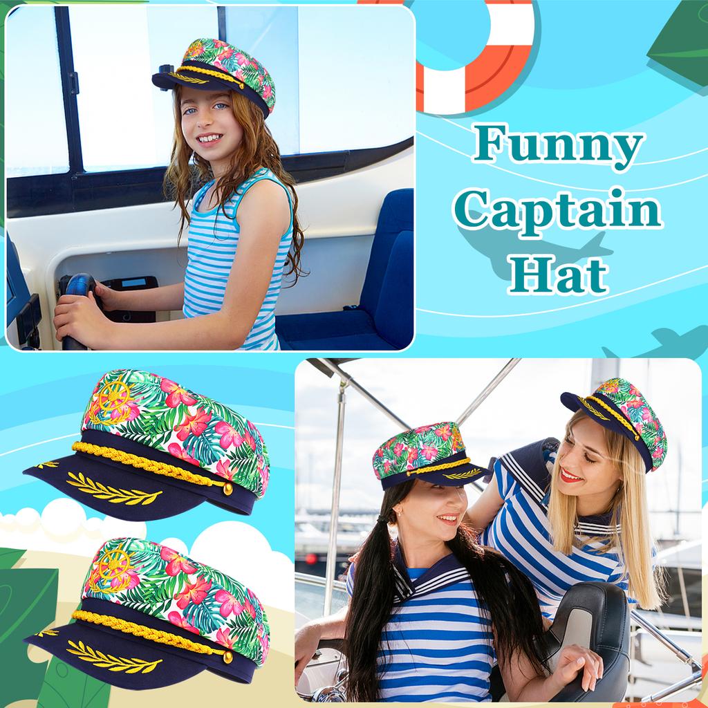4 шт. Гавайські Квіткові Капітанські Капелюхи - Регульовані Капелюхи Яхтового Моряка Для Хелловіну, Катання на Човні, Морських Подій та Вечірок - Темно-синій Вишитий Костюм