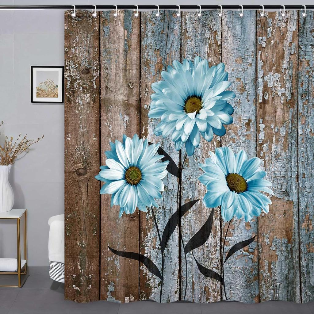Farmhouse Floral Shower Curtain, Rustic Country Wooden Daisy Flower Shower Curtains for Bathroom, Vintage Blue Fabric Shower