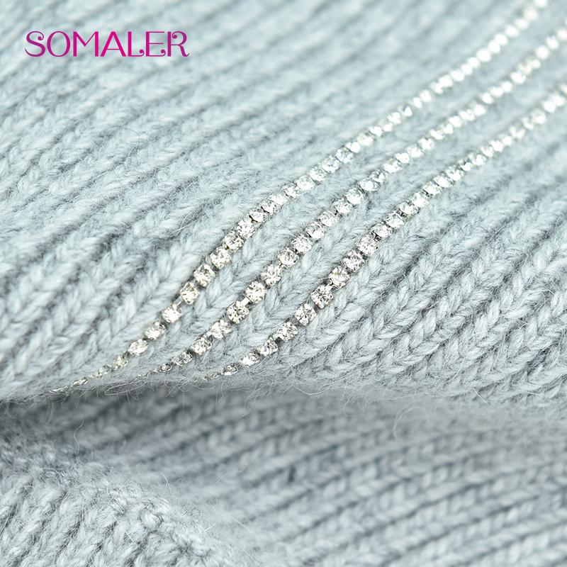 SOMALER Damen Winter Wollmütze Hochwertige Wolle Strickmütze mit Strass Dick Warm Doppellagig Outdoor Skull Caps