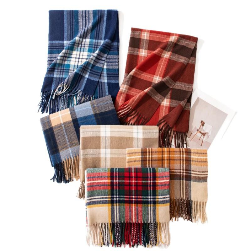 Womens Warm Faux Cashmere Scarf With Plaid Long Wrap Shawl Winter Office Commute
