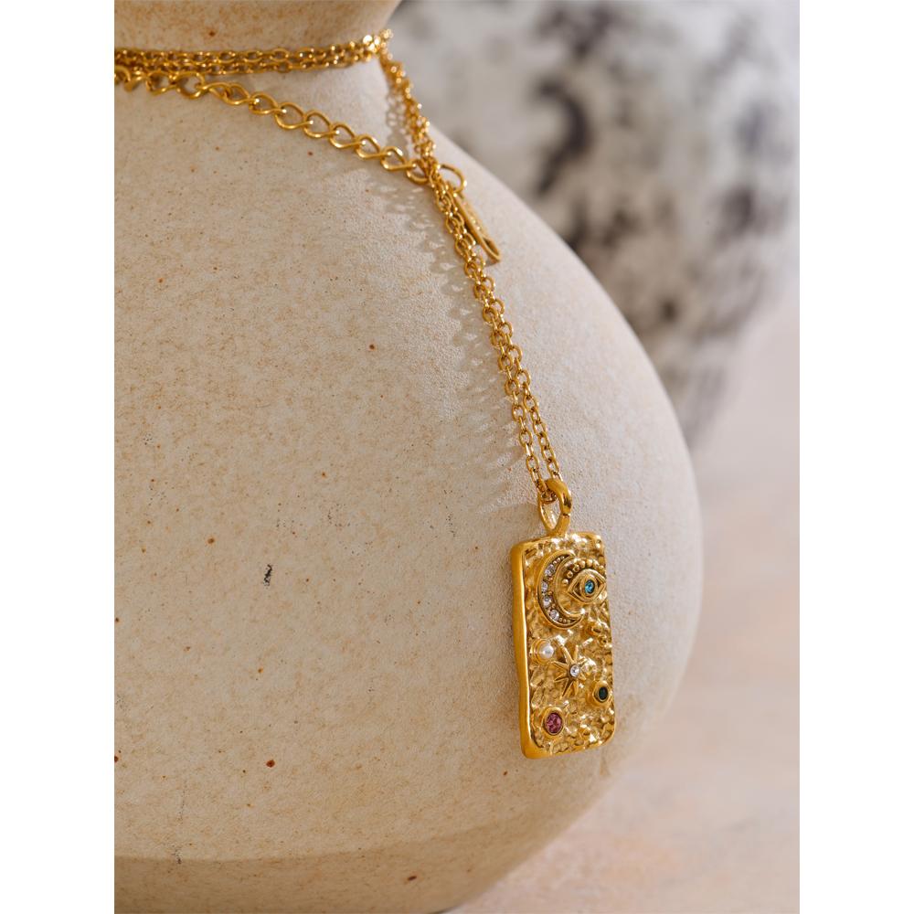 Yhpup New Arrivals Zirconia Star Moon Rectangle Pendant Necklace Fashion Stainless Steel Charm 18K Golden PVD Jewelry for Women