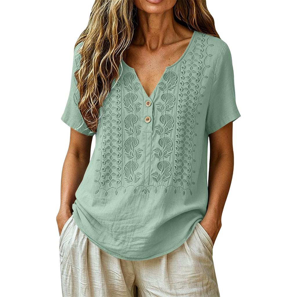 Women V Neck Embroidered Short Sleeve Blouse Casual Loose Fit Button Front Summer Top Lightweight Comfortable Shirt