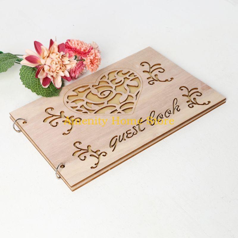 F26C Guest Book Heart Wooden Guestbooks Message Scrapbook Albu