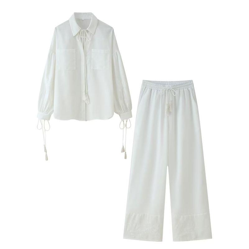Kaslead New Women Clothes Western Style Simple Tassel Lace-up Embroidered Shirt Casual Trousers Set