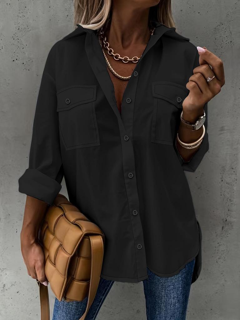 European American Women's Versatile Pocketed Long-Sleeve Lapel Shirt
