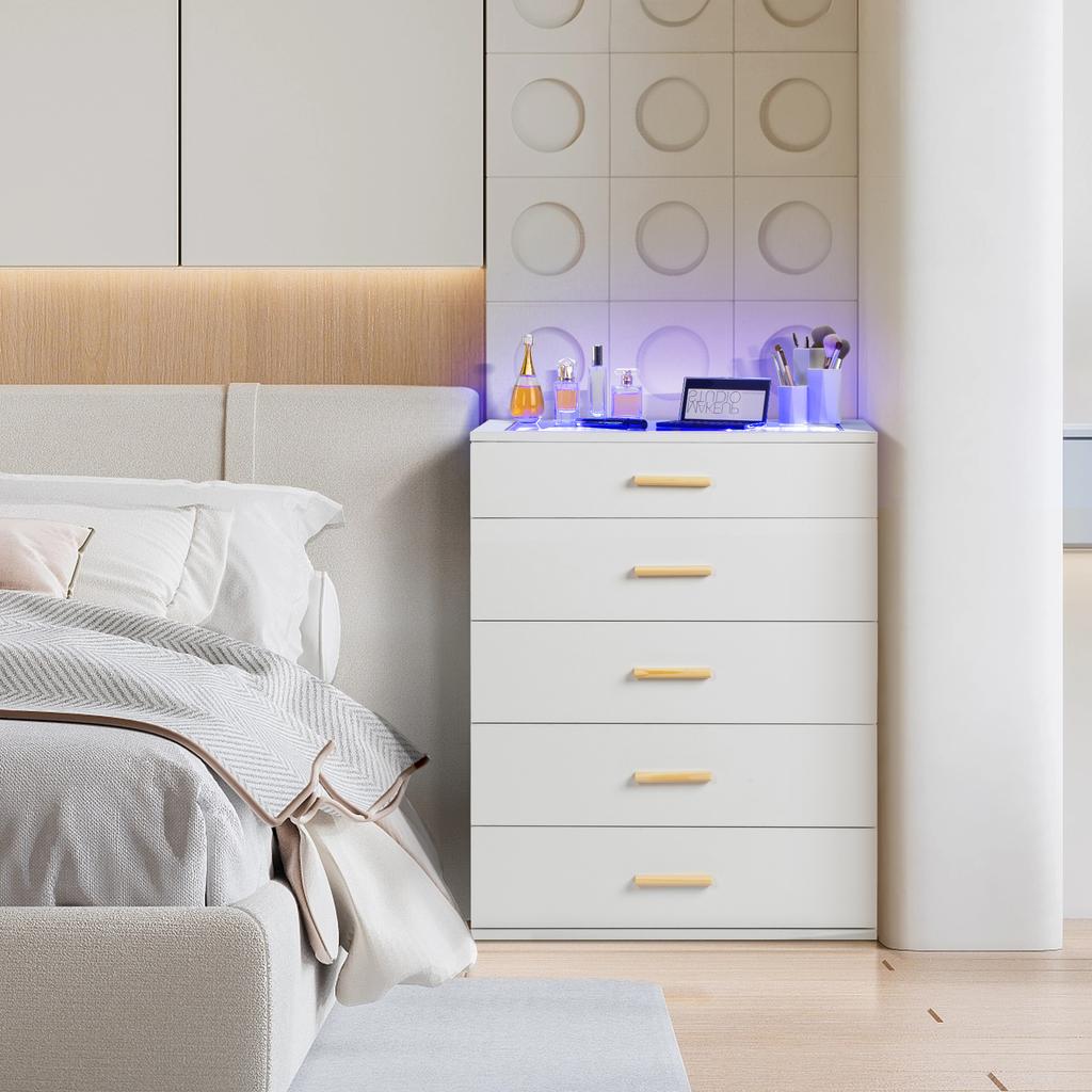 White 5-Drawer Dresser Fabric Storage Tower for Bedroom, Hallway, Closet, Bedroom Tempered Glass with RGB Light Drawer Cabinet
