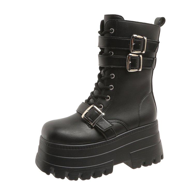 Fashion New 9cm Platform Boots Goth for Women Lace Up Wedge Heel Buckle Ankle Booties Studded Short Motorcycle Boots with Zipper White