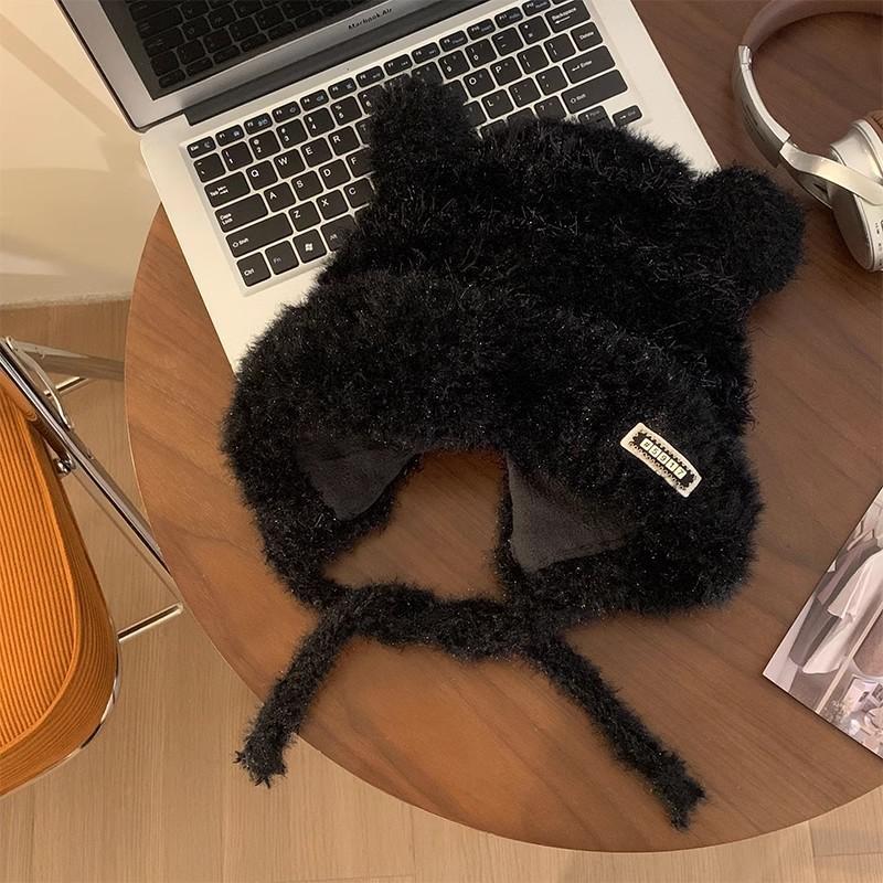 New bear hat women's autumn and winter thickened warm and cold-proof plush hat shows small face knitted wool hat tide