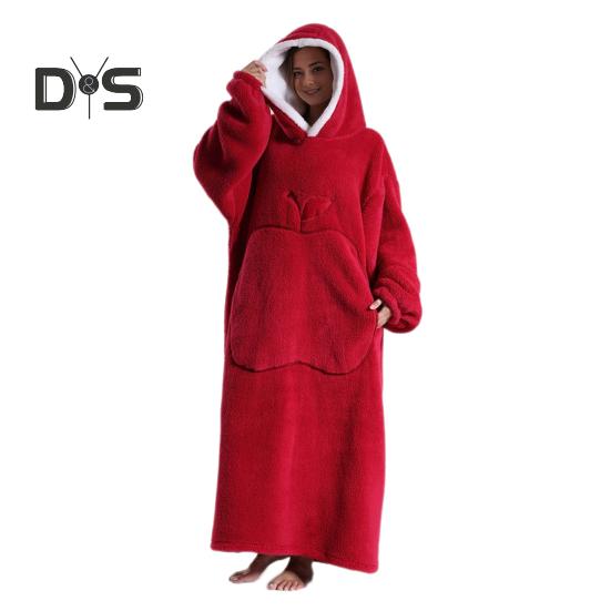 Winter Wearable Blanket Bathrobe with Big Pocket Thick Double-sided Fleece Loose Long Sleeves Pajamas Heat Retention Full Protection Home Lazy Sleeve
