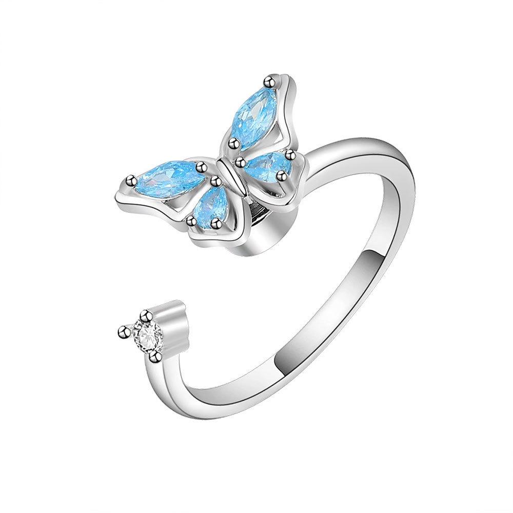 Original Design Rotate Crystal Butterfly Opening Rings for Women High Quality Silver Color Stainless Steel Finger Couple Jewelry