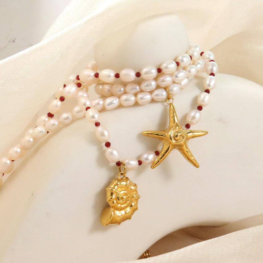 Ozean Wind Seestern Perlenkette Damen, Einfache Muschel Metall Wind Schmuck Halsband Spitze