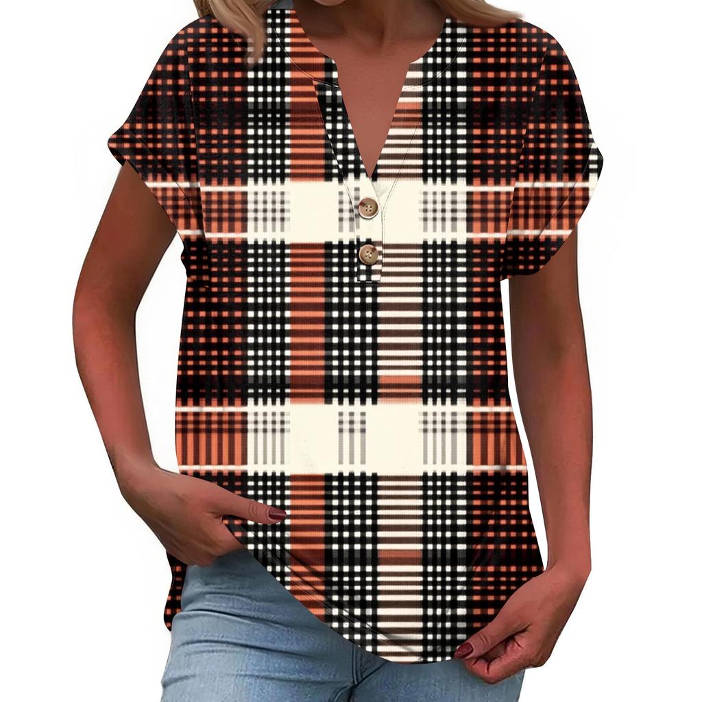 Modisches Lässiges Locker Geschnittenes Kurzärmeliges Knöpfbares V-Ausschnitt Bedrucktes T-Shirt Top für Damen