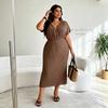 Large size women's clothing summer deep V-neck bat sleeves waist and thin temperament coffee break long dress