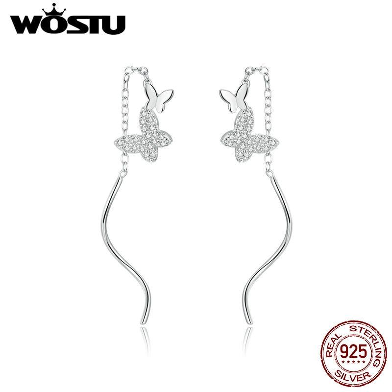 WOSTU 100% стерлингового серебра 925 пробы, серьги-подвески с летающими бабочками, длинные висячие серьги с цирконами и бабочками для женщин, ювелирные изделия