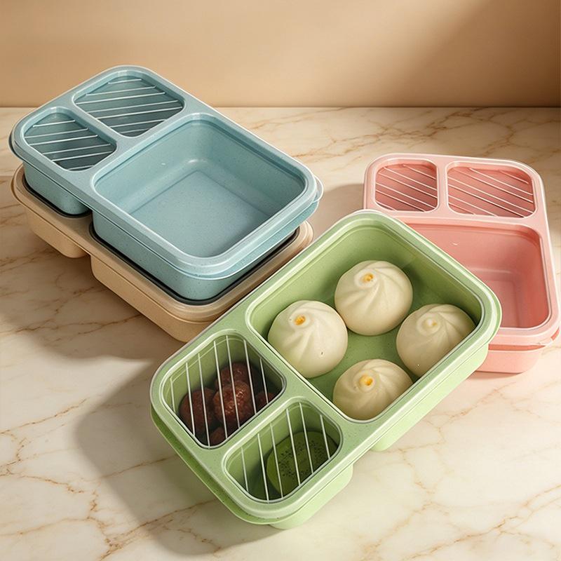 Wheat Straw 3-Compartment Lunch Box for Students & Office Workers - Reusable Plastic Bento Box