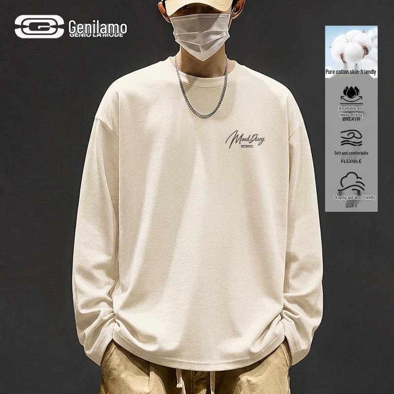 GENIOLAMODE Men's Heavyweight Cotton Long-Sleeve Crewneck T-Shirt