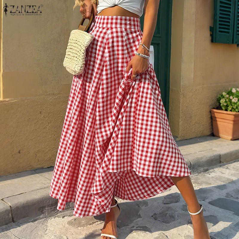 ZANZEA Women Summer Plaid Print Loose Casual Long Skirts