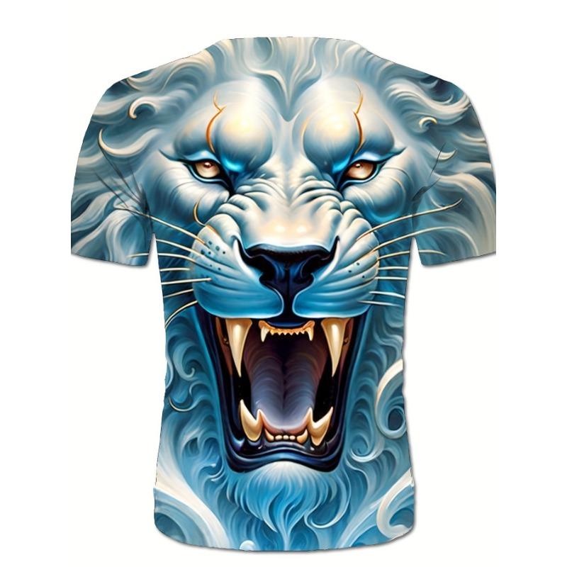 T-shirt da uomo con leone ruggente 3D Blu Freddo Grafica Re Animale Stampata Manica Corta Casual Girocollo Pullover Streetwear Punk Tee Top Abbigliamento da Uomo