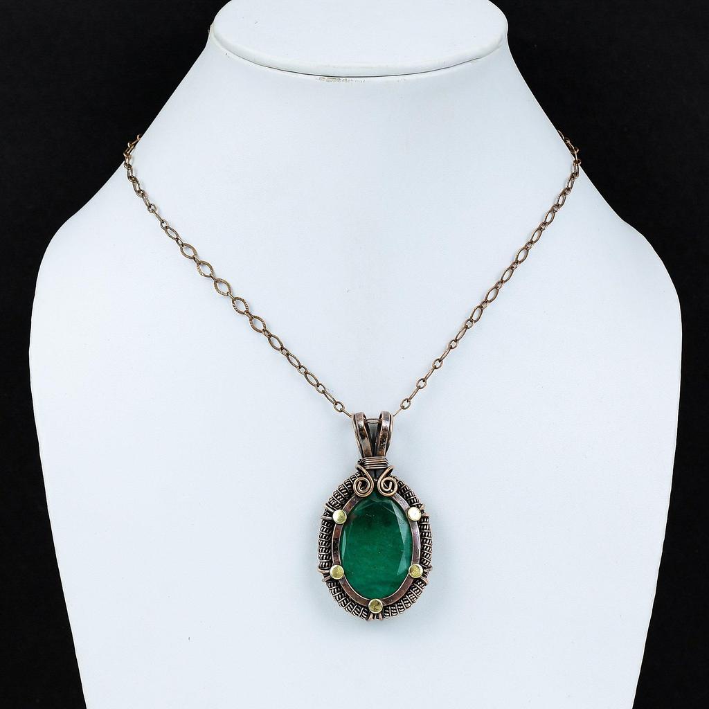 Lab-Created Emerald Gemstone Pure Copper Wire Wrapped Handmade Pendant Jewelry For Her