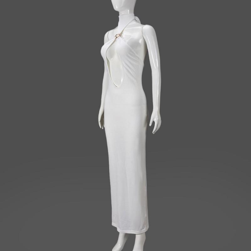 Womens White Halter Neck Maxi Dress Sexy Hollow Out Backless Metal Detail Slim Fit Casual Party Wear