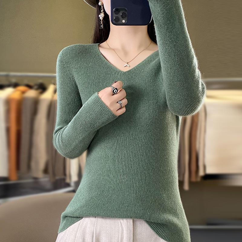 2024 Spring/Autumn Women's Slim Fit V-Neck Long Sleeve Knitwear - Korean Style Trendy Base Layer