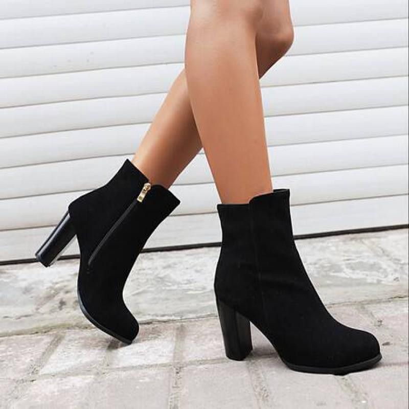 Damen Ankle Boots mit klobigem Absatz und runder Spitze mit seitlichem Reißverschluss Winter Herbst Mode Wildleder Stiefel