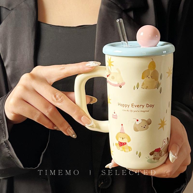 570ML Super Cute Cute Pet Straw Cup, Girlfriend Couple Cartoon Ceramic Mug with Lid,Office Drinking Cup,Milk Juice Cup,Girl Gift