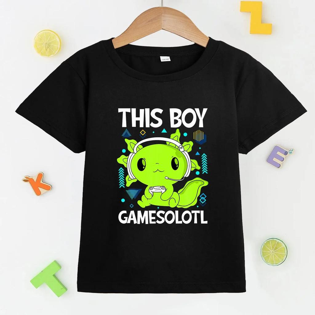 Cute Axolotl Print T Shirt, Tees for Kids Boys, Casual Short Sleeve T-shirtFor Summer Spring Fall, Tops As Gifts