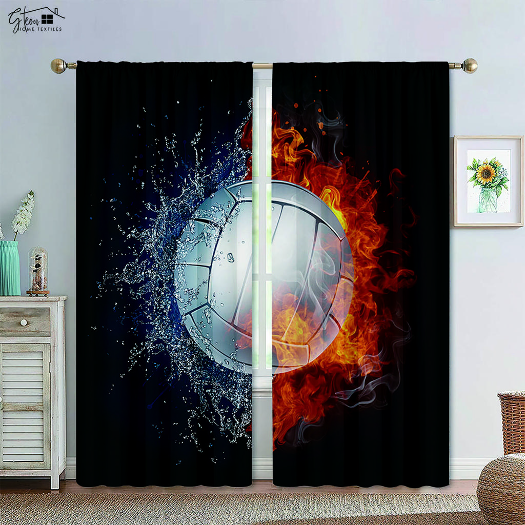 Basketball Football In Water and Fire Black Print Curtain Rod Pocket Machine Washable Bedroom Living Room Decorative Curtains