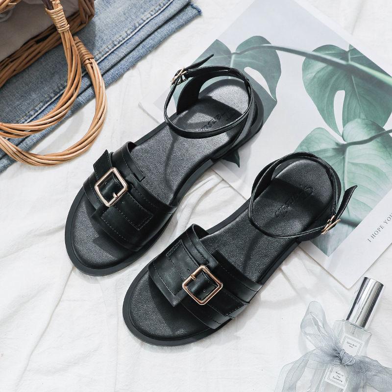 Women Summer Shoes Lightweight Fashion Sandals Black Retro Flat Sandals Ankle Strap Metal Buckle Ladies Sandals