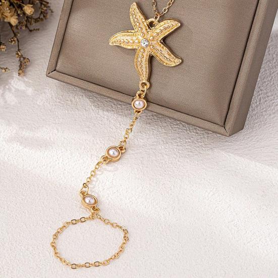 Starfish Charm Hand Chain Bracelet for Women, Adjustable Faux Pearl Finger Ring Bracelet, Non Tarnish Golden-Plated Chain Bracelet Jewelry
