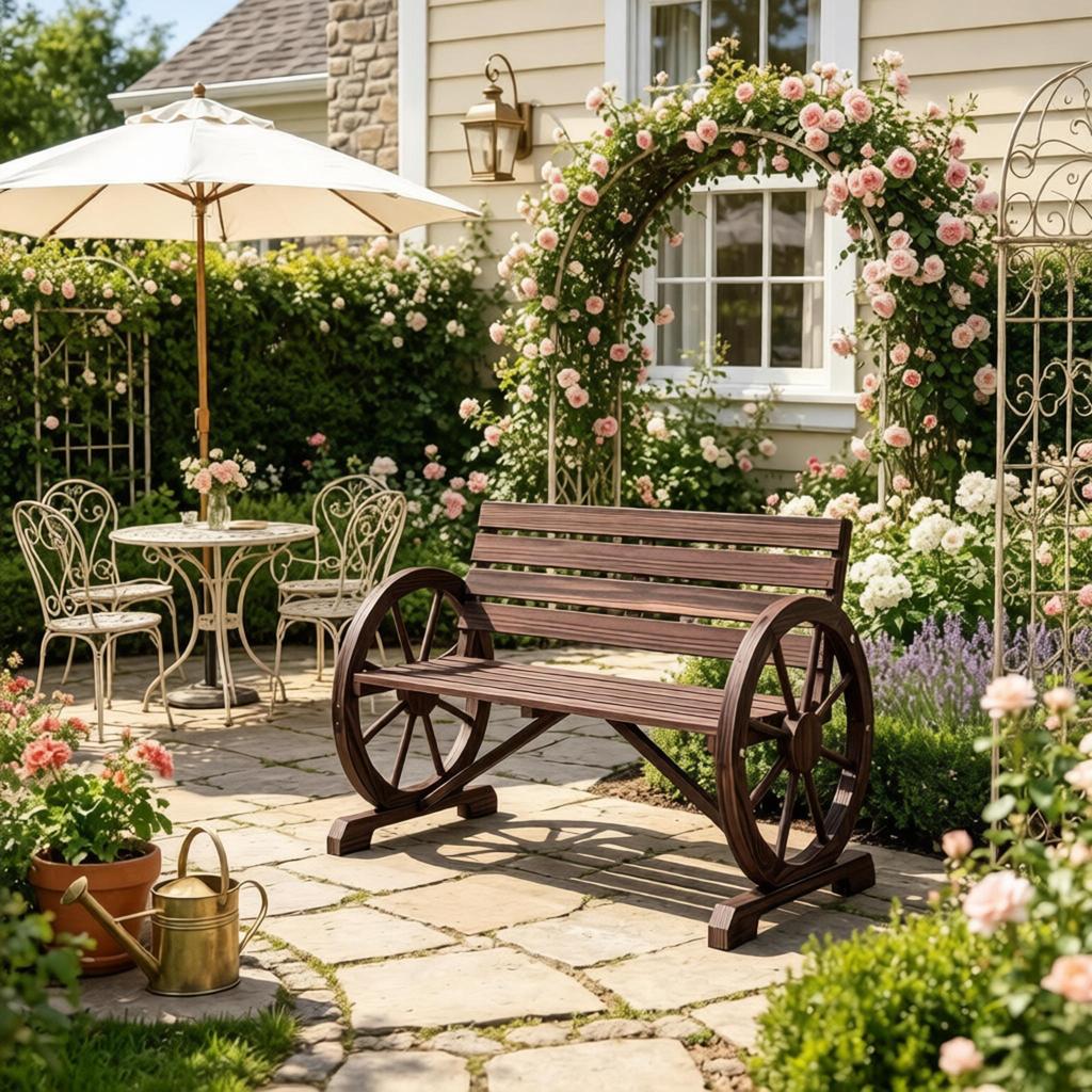 Vintage-style garden bench with cartwheel armrests, classic wooden bench with unique design, double seat bench