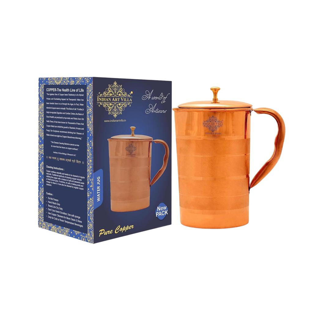 Медный кувшин (1000 мл), Lining Design Copper Jug Pitcher with Brass Knob, Indian Art Villa