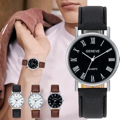 Trendy Unisex Casual Fashion Leather Strap With Roman Numeral Business PU Men Men's Quartz Watch Woman Watches Leather