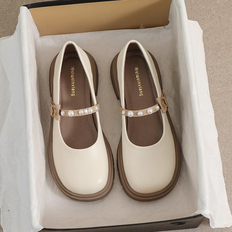 thick-soled Mary Jane shoes women's French bow pearl soft-soled single shoes shallow mouth round head thick heel soft-soled large-size women's shoes