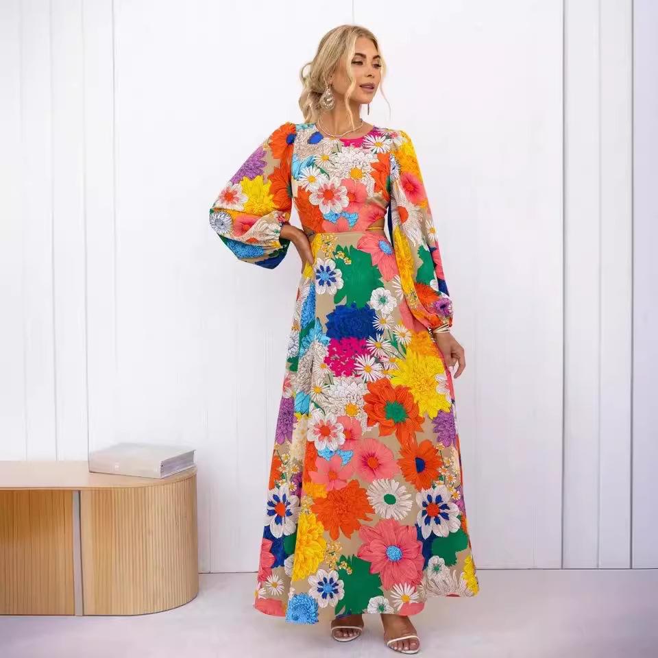 25th Anniversary European & American Autumn/Winter Fashion: Round Neck Lantern Sleeve Dress with Waist-Gathering Print