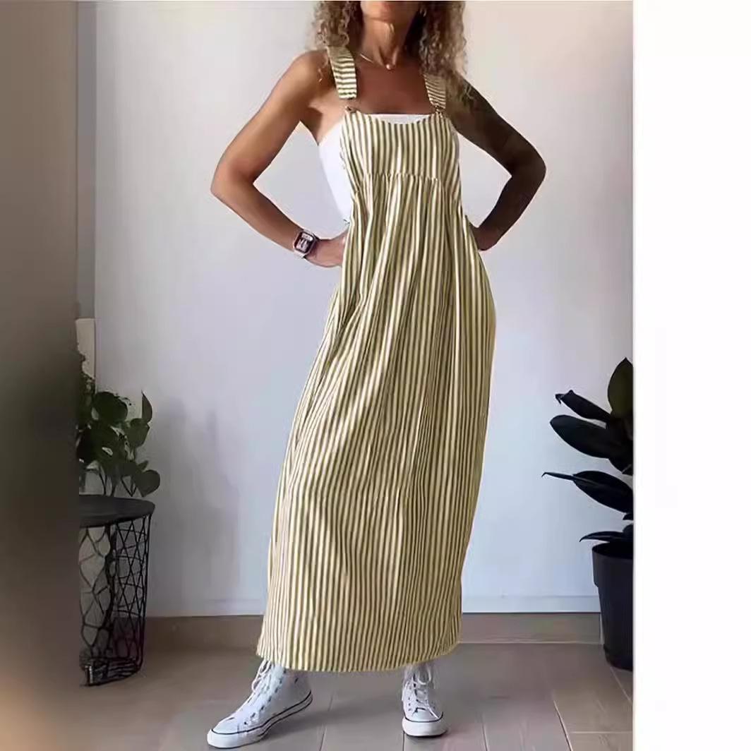 

Women s Yellow and White Striped Sleeveless Long Maxi Dress with Wide Straps 5XL жёлтый
